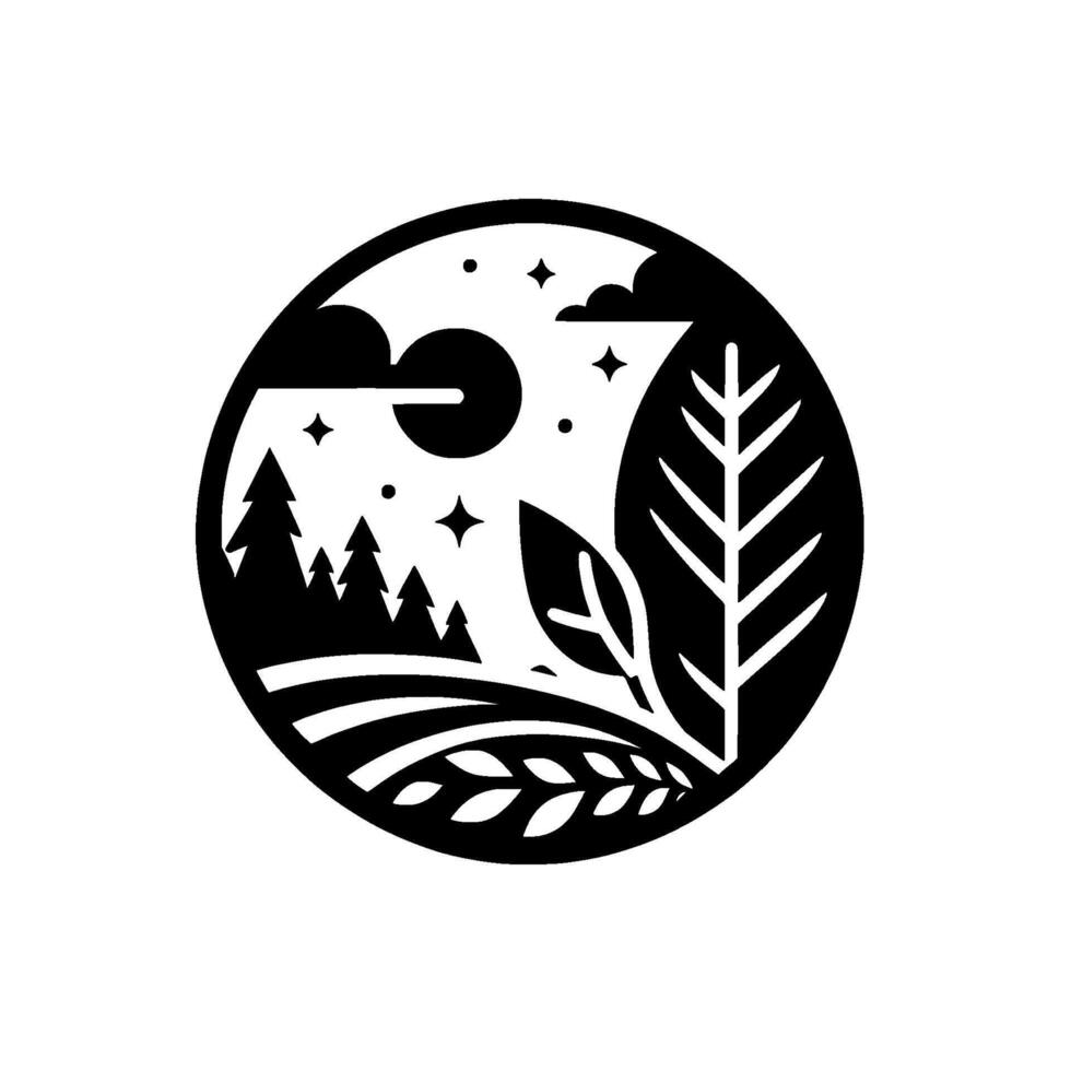A minimalist, circular black and white illustration of a serene nighttime landscape featuring a moon, stars, trees, and foliage. vector