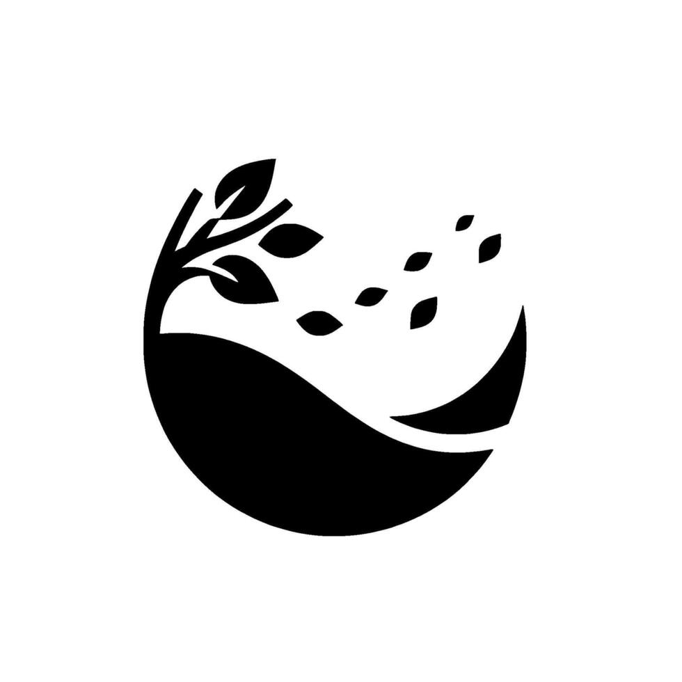 A stylized minimalist featuring a black silhouette of a tree within a circle, leaves blowing in the wind. vector