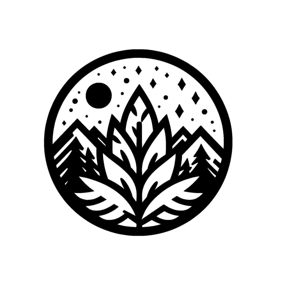 A minimalist, monochromatic circular showcasing a stylized mountain range, coniferous trees, and an abstract floral element under a night sky with stars and a moon. vector