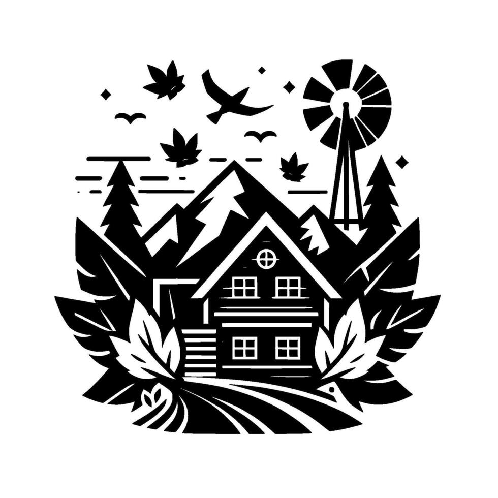 Black and White Silhouette A tranquil farmhouse scene amidst mountains, wind turbine, and falling leaves, framed by foliage and birds. vector