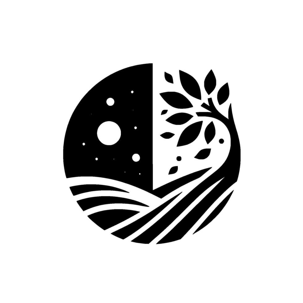 A stylized, circular illustration split between a night sky dotted with stars and a moon, and a daytime landscape featuring a tree, fields, and a clean, minimalist . vector