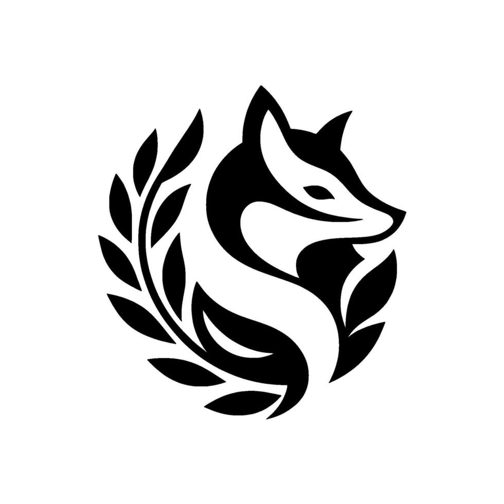 Monochromatic Fox Elegant, stylized featuring a foxs head intertwined with leaves, creating a modern emblem for nature, wildlife, or related businesses. vector