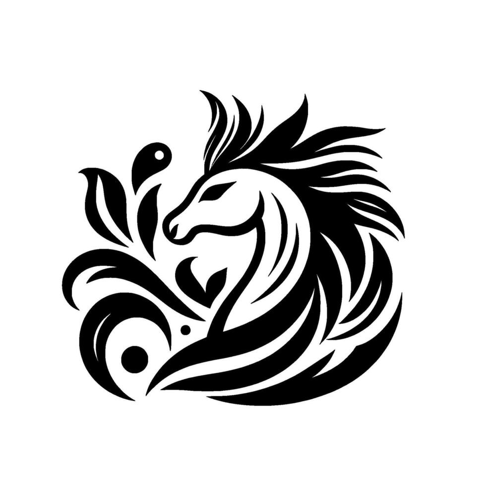 A majestic black and white horse silhouette, elegantly intertwined with stylized organic elements, portraying graceful movement and artistic flair, set against a clean white backdrop, evoking strength vector