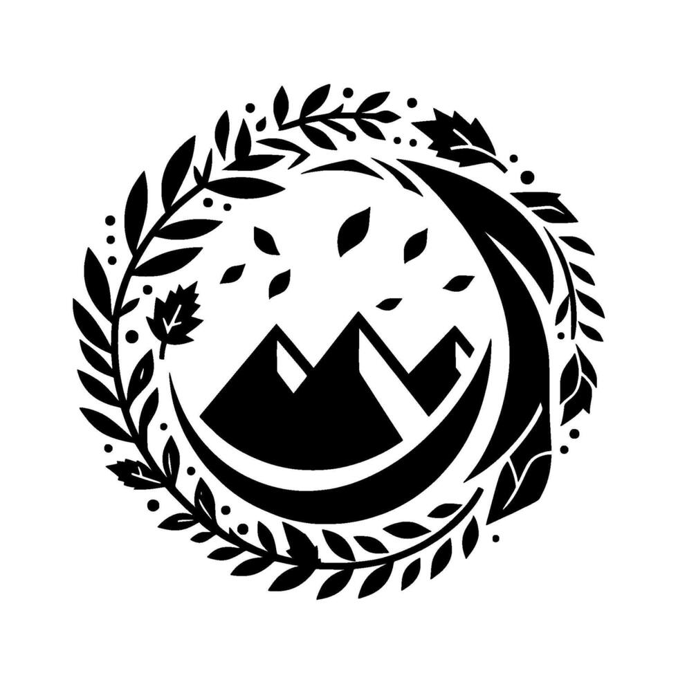 A minimalist black and white depicting mountain peaks within a crescent moon, framed by a circular wreath of leaves and dotted accents, set against a pristine white backdrop. vector