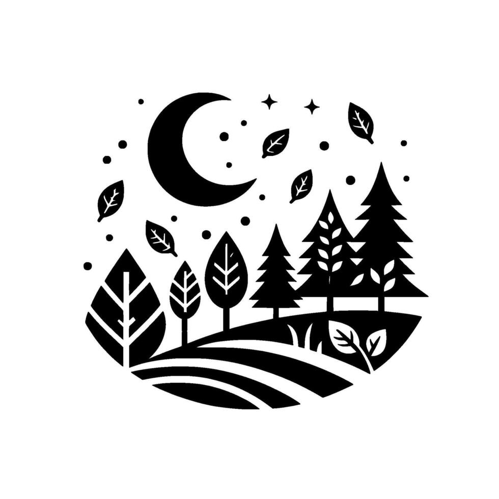 A stylized monochrome illustration depicts a serene nighttime scene with a crescent moon, stars, and falling leaves over a landscape with trees and stylized foliage. vector