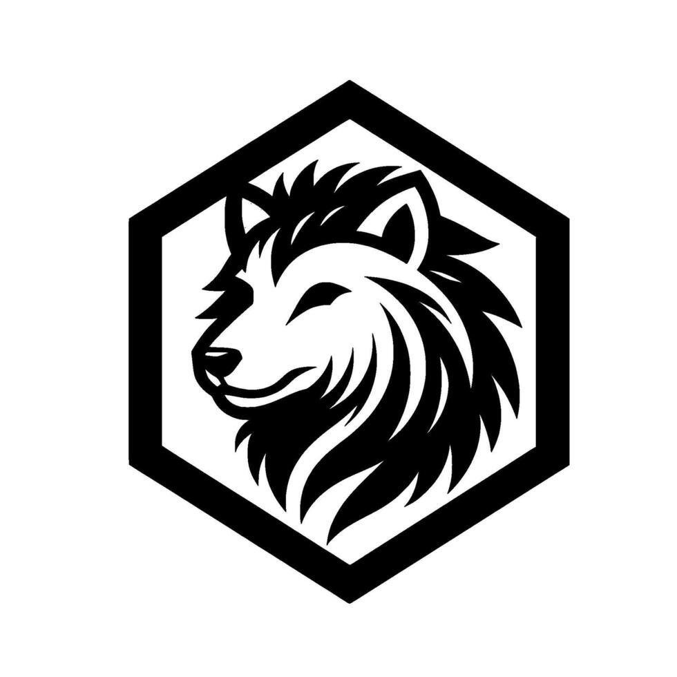 A stylized, monochrome depicting a wolfs head in profile, centered inside a black hexagon, symbolizing strength and a modern . vector
