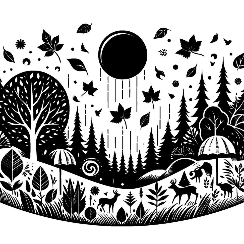 Black and White Illustration of a Forest Landscape with Falling Leaves, Sun, Deer, and Diverse Flora. vector