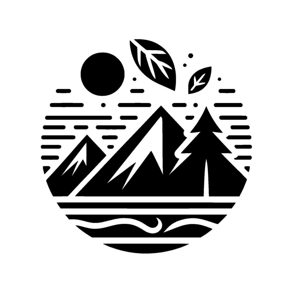 Serene black and white illustration of a mountain landscape enclosed within a circle, featuring mountains, a sun, a tree, leaves and water, evoking tranquility. vector