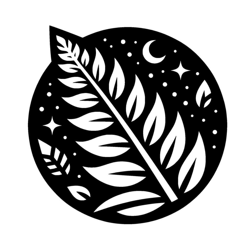 Stylized Black and White Illustration A leafveined branch and leaves within a circle, adorned with stars, a crescent moon, and dots, evoking nature and serenity. vector