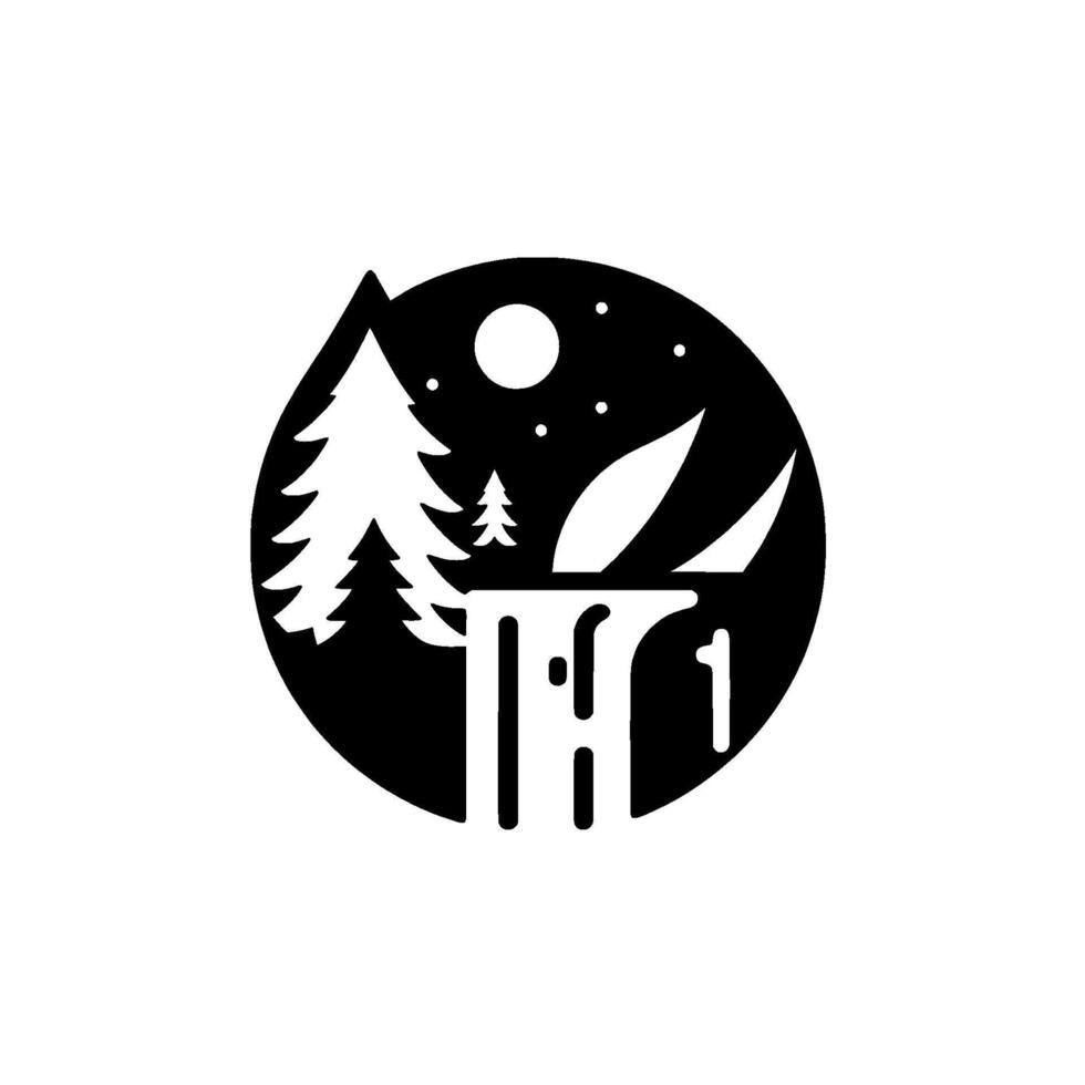 Minimalist Circle Illustration A Black and White Landscape Depicting a Forest, Waterfall, and Night Sky with Stars and a Moon. vector