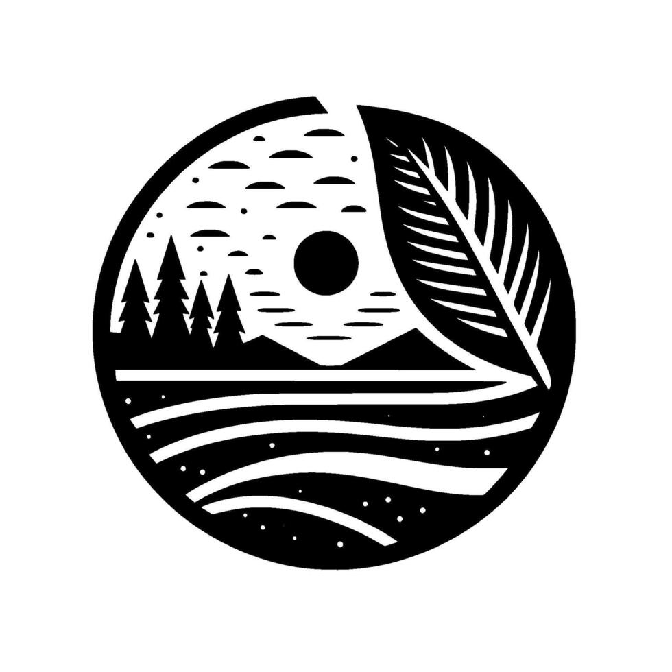 Black and White Circular Nature Illustration Mountains, Forest, Lake, Sun, and Leaf, Evoking Tranquility and Harmony. vector
