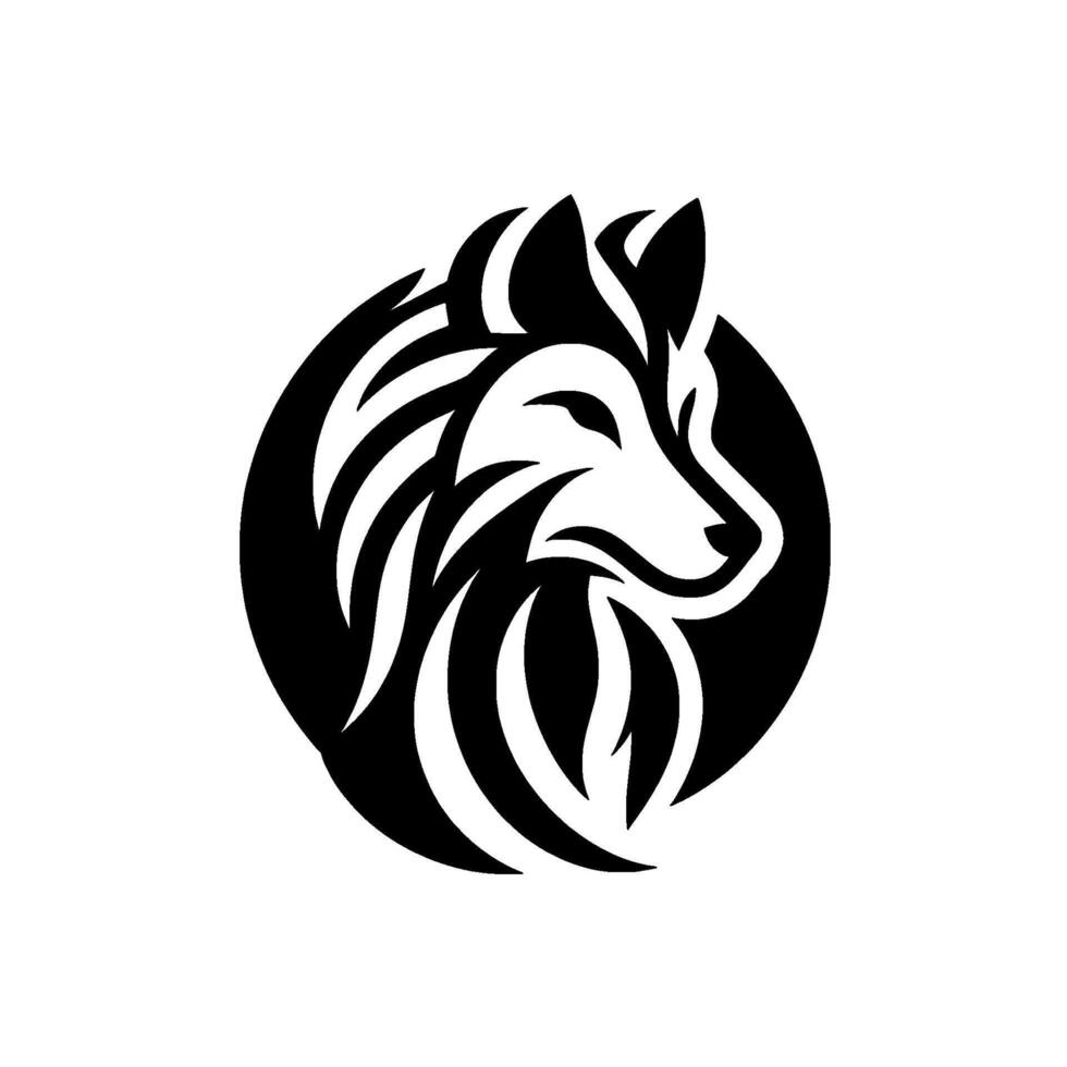 A stylized, minimalist black and white wolf head set within a circle, exuding power and elegance. vector