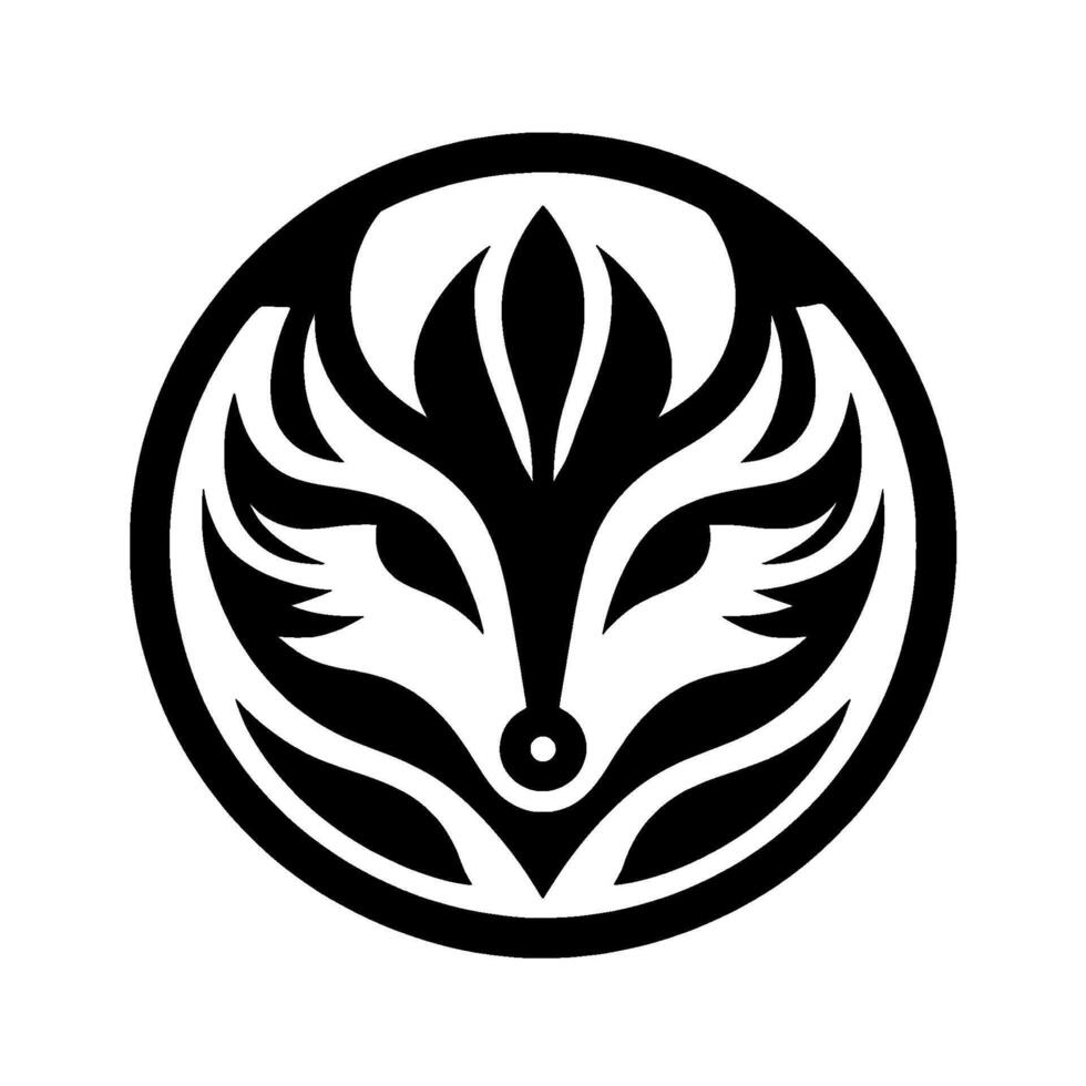 Intricate Black and White Circular Emblem A stylized fox head featuring geometric shapes and elegant floral elements. vector