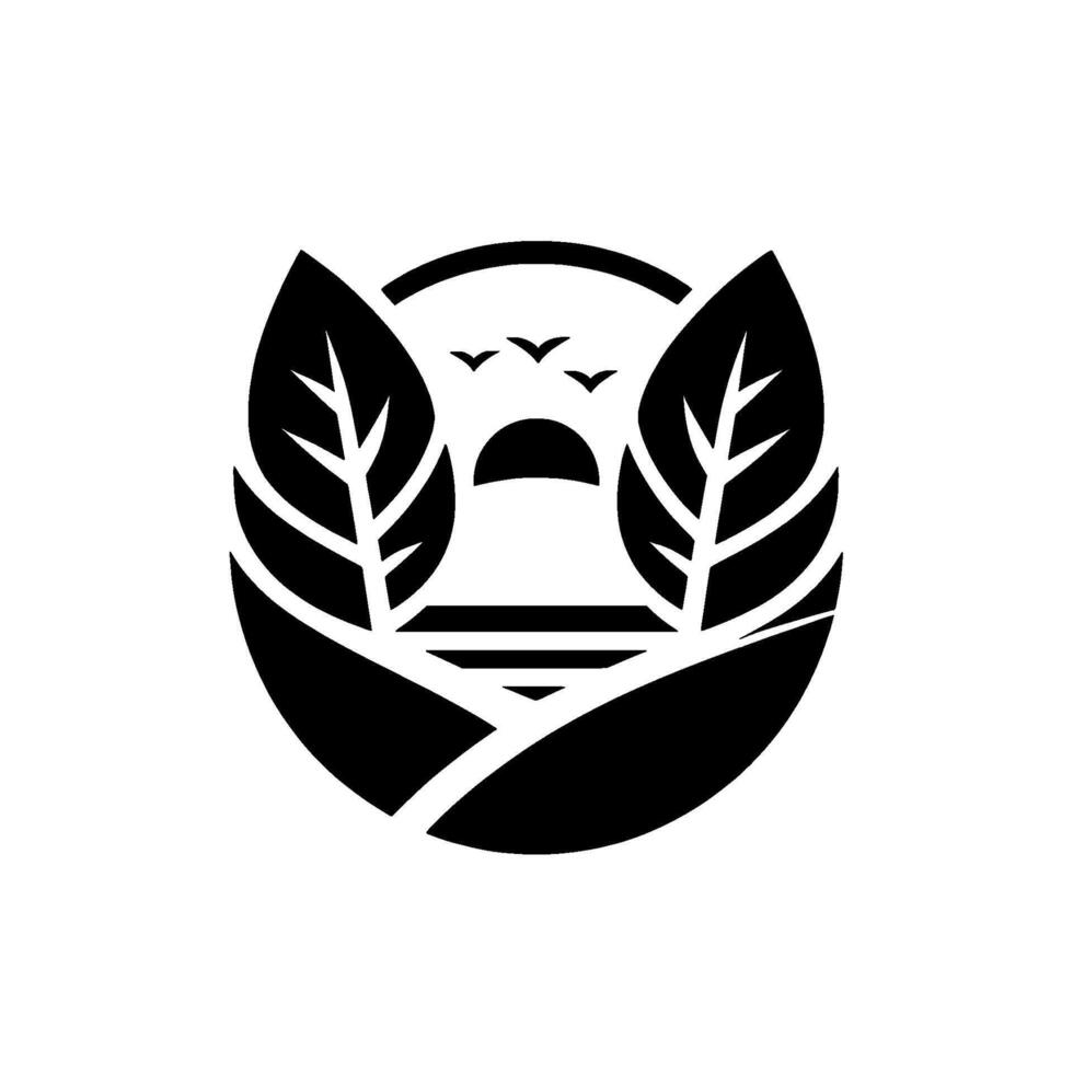 Minimalist Black and White Landscape inside a Circle with Leaves, Sun, Birds, and Fields Depicting Nature, EcoFriendliness and Tranquility. vector