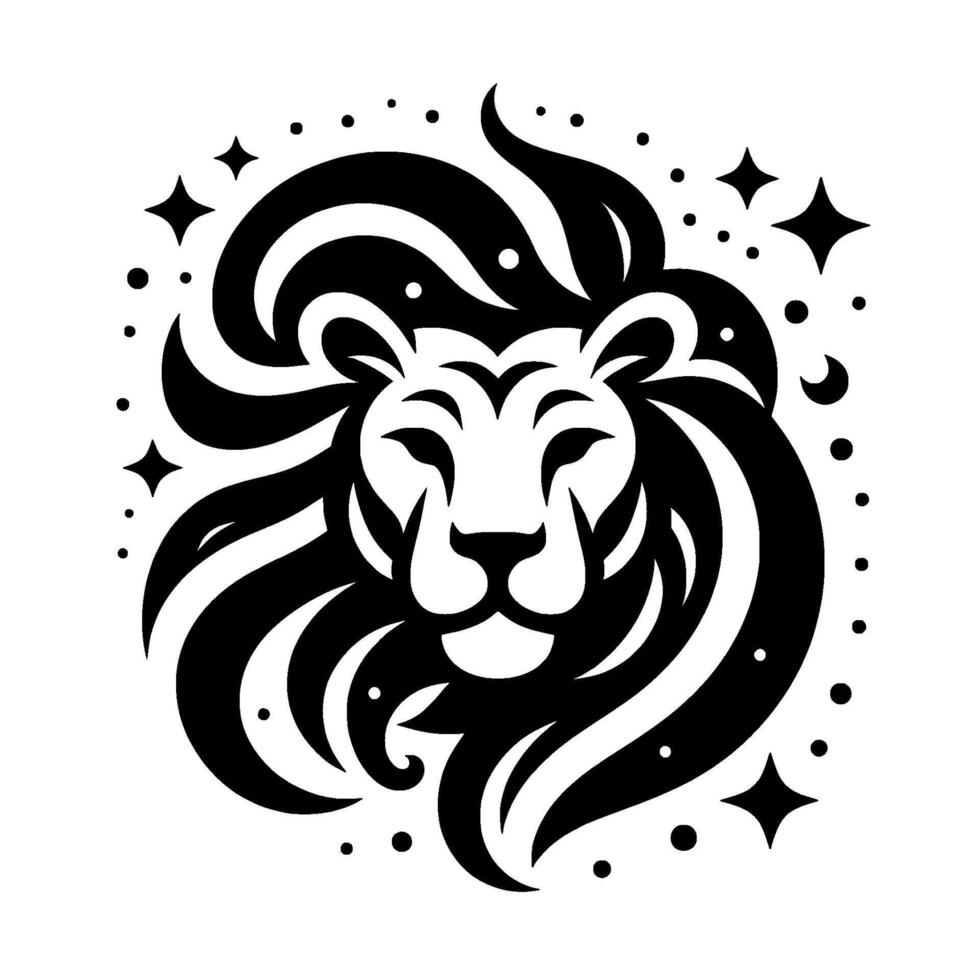 Majestic Lion Head in Silhouette A ZodiacInspired Emblem with Flowing Mane, Stars, and Lunar Accents, on a clean white background. vector