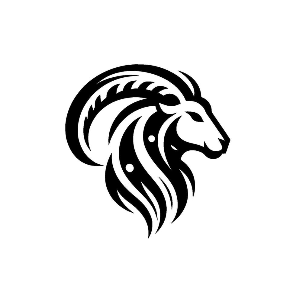 A stylized, symmetrical black and white featuring a regal lions head, designed with flowing lines and a modern, elegant aesthetic on a stark white background. vector