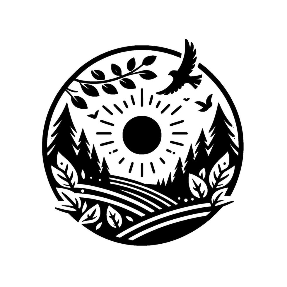 A stylized black and white circular emblem depicts a sunny landscape with trees, fields, and flying birds, evoking nature and freedom. vector
