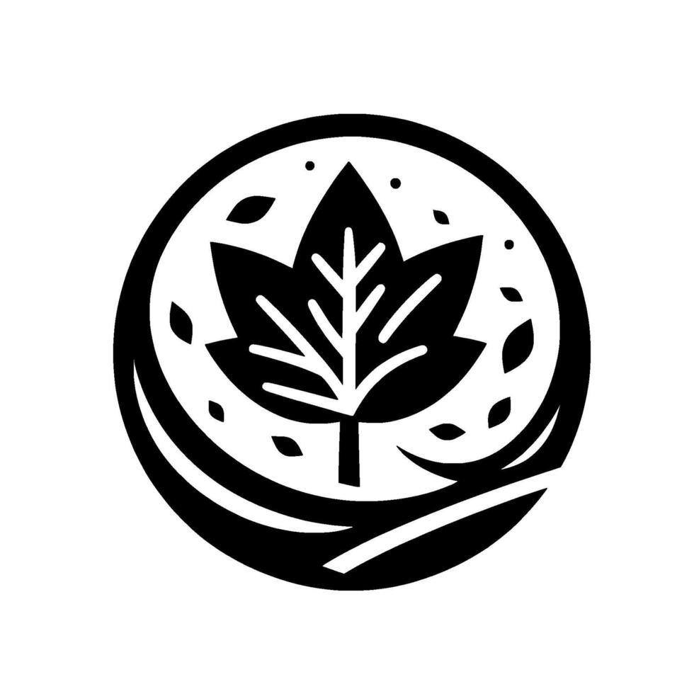 A Bold Black and White Emblem Featuring a Stylized Maple Leaf within a Circular Frame with Floating Leaves. vector