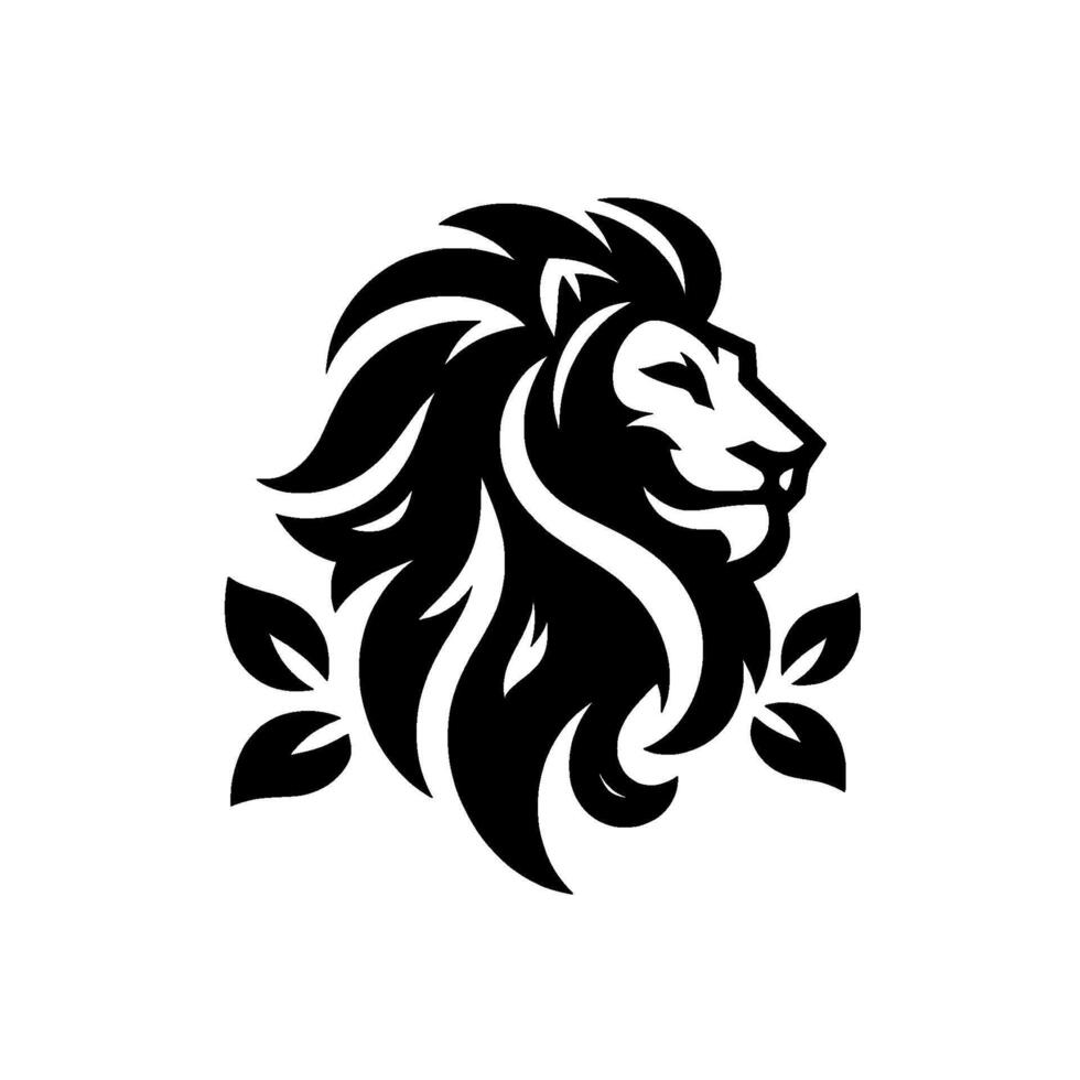 Black and White Lion Head with Flowing Mane, Adorned by Leafy Embellishments, Set Against a Clean White Background. vector