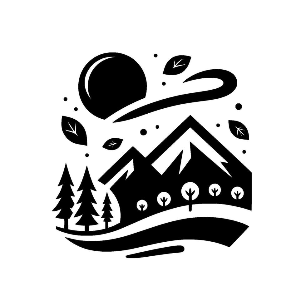 Minimalist Black and White Landscape Depicting Mountains, Sun, Trees, Leaves, and Wind, in a Simple Nature Scene. vector