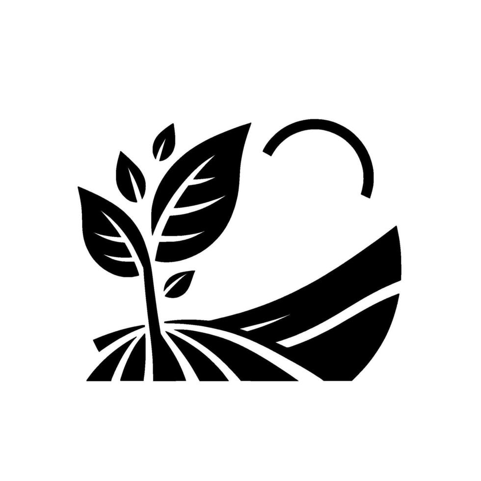 Black and white stylized illustration of a growing plant in a cultivated field under the sun, showcasing natures growth cycle. vector