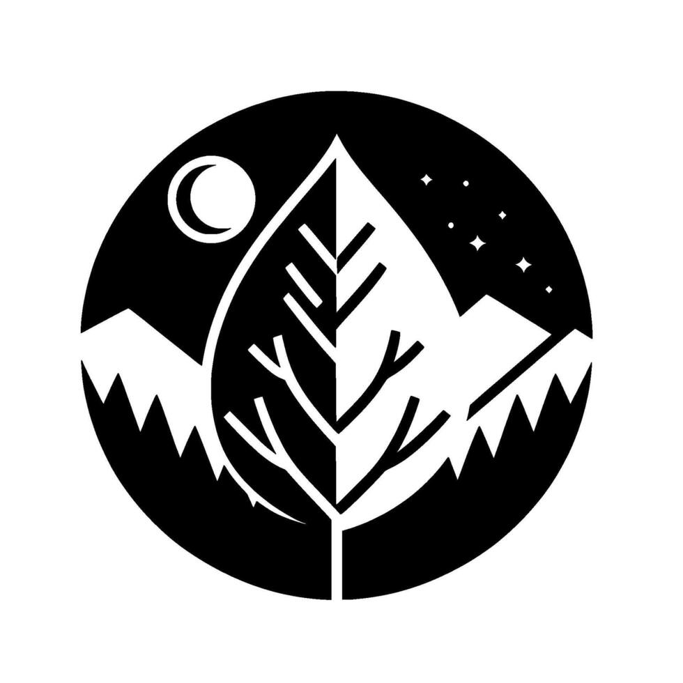 Black and white minimalist nature scene within a circle a treeleaf silhouette split in two, day and night, mountains, moon and stars. vector