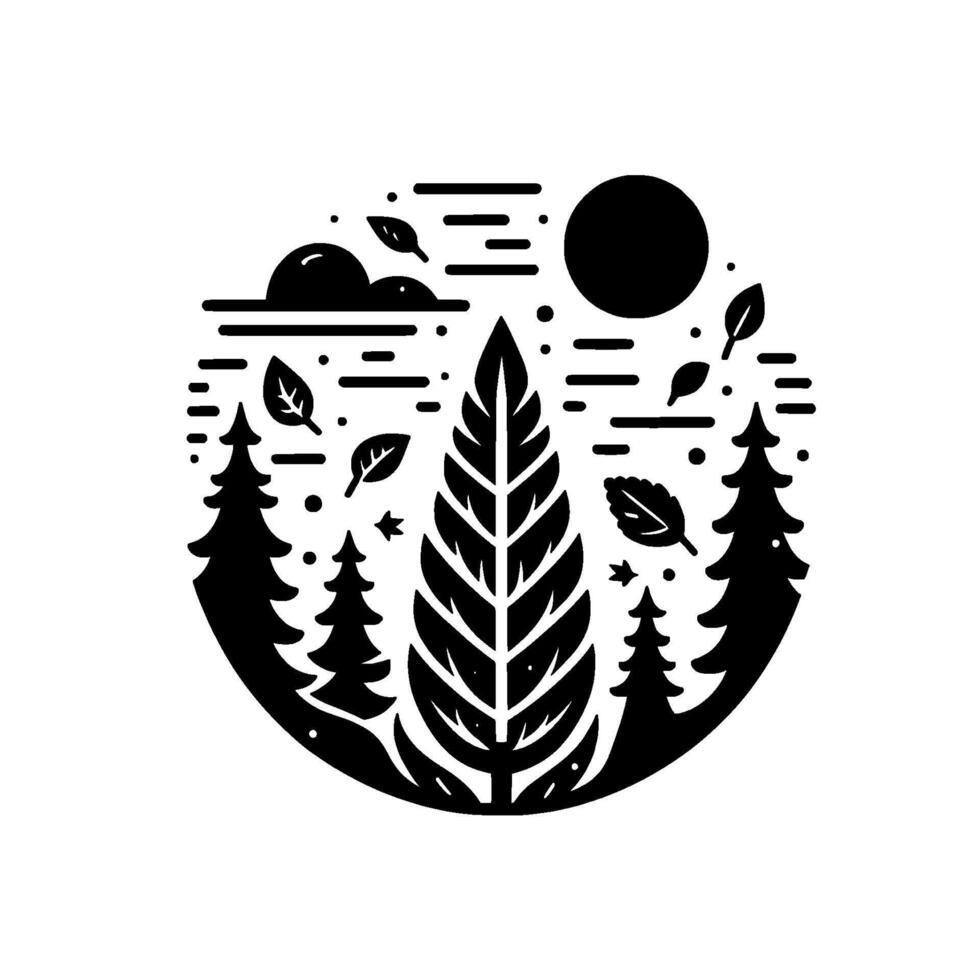 Stylized Black and White Round Composition Forest Silhouette Scene Featuring Trees, Sun, Clouds, and Leaves Monochromatic Nature Illustration. vector