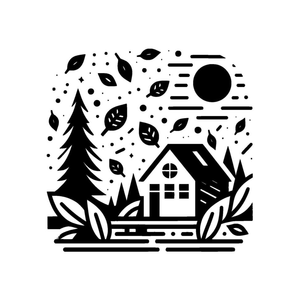 A minimalist black and white illustration of a cozy house nestled amidst autumnal elements falling leaves, a tall pine tree, and stylized foliage, under a sun. vector
