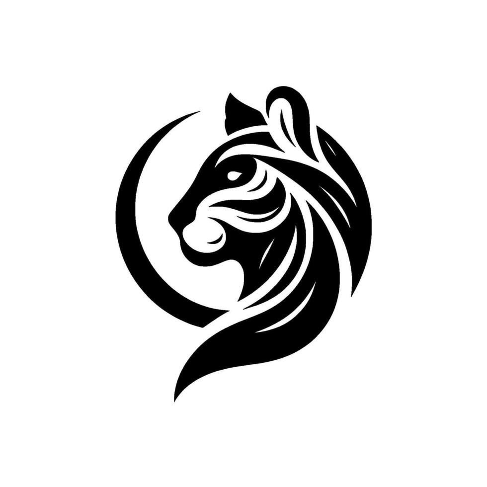 A sleek, monochrome featuring a stylized tiger head and elegant, flowing lines, enclosed within a partial circular frame, exuding power and grace. vector