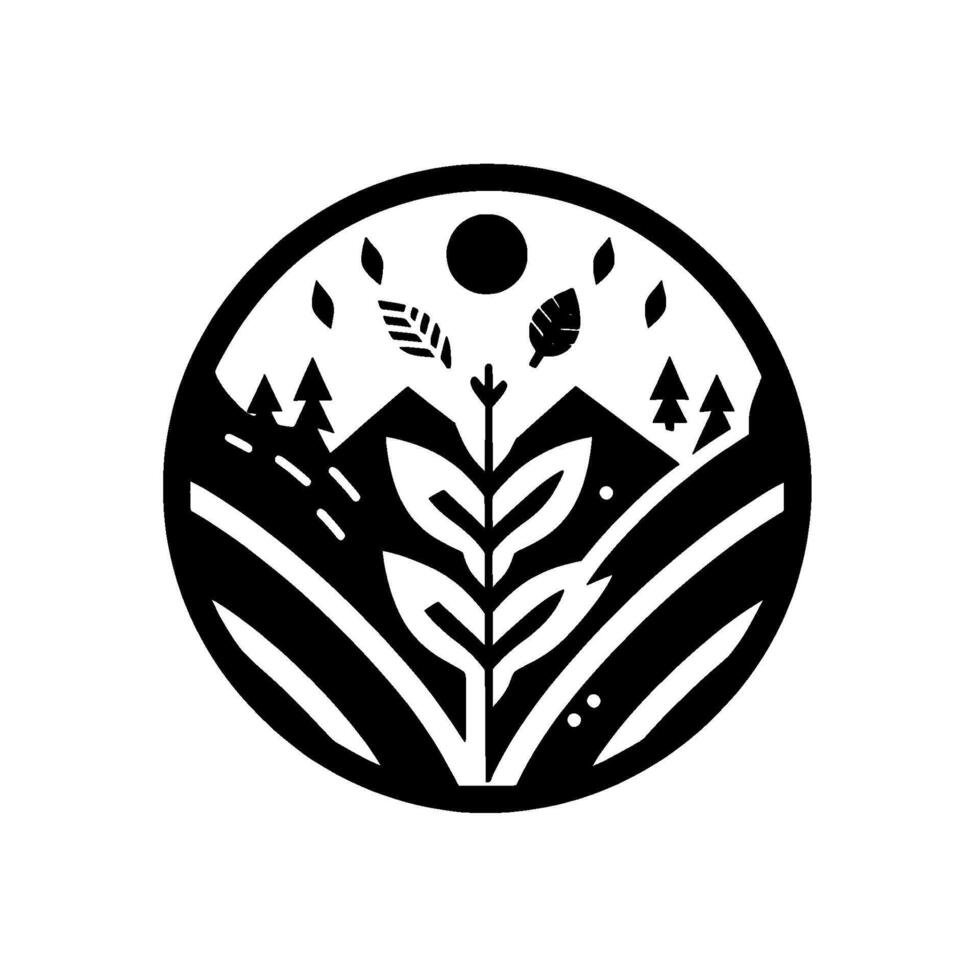 A minimalist circular landscape emblem, featuring stylized mountains, trees, a central plant, falling leaves, and a sun, all rendered in a bold black and white palette. vector