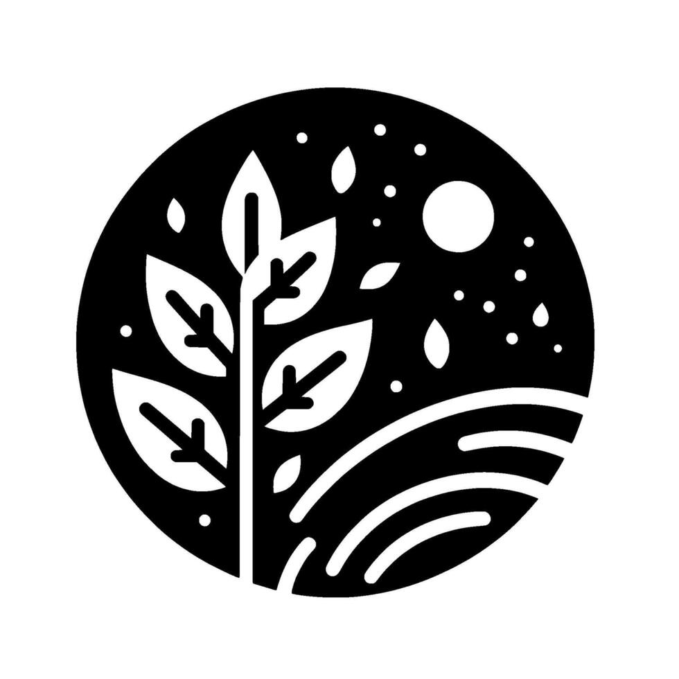 Black and white circular minimalist nature illustration with a stylized tree, moon, stars, and landscape. vector