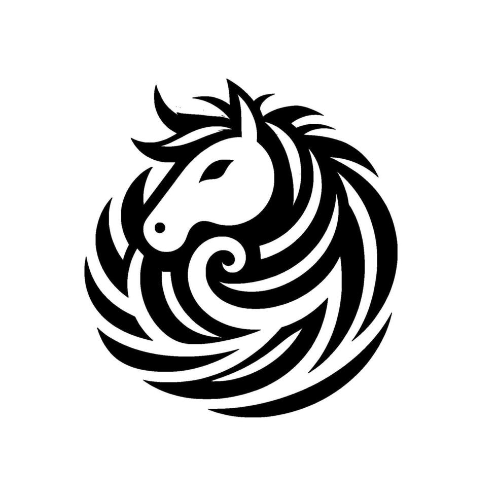 Elegant, minimalist monochrome horse in a circular pattern, with a white head and dark stylized mane. vector