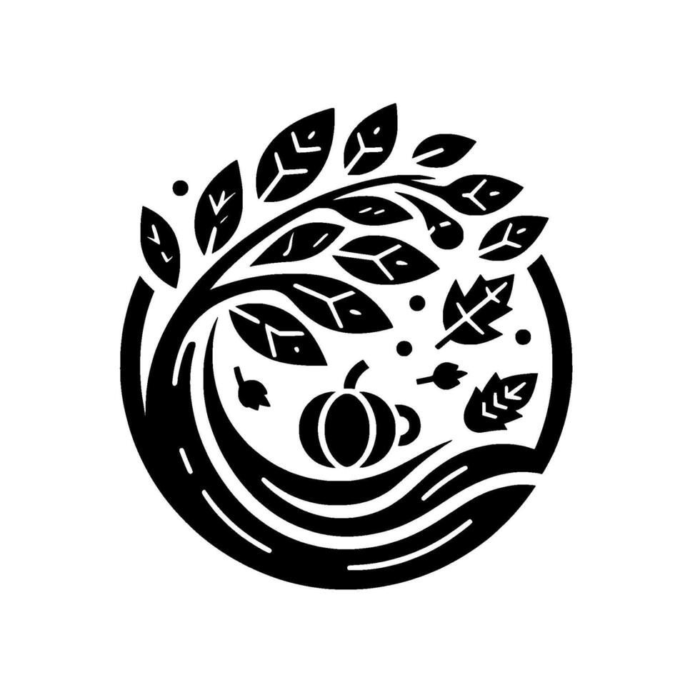 A stylized black and white circular depicts an autumnal scene with a tree and pumpkin, invoking harvest and fall. vector