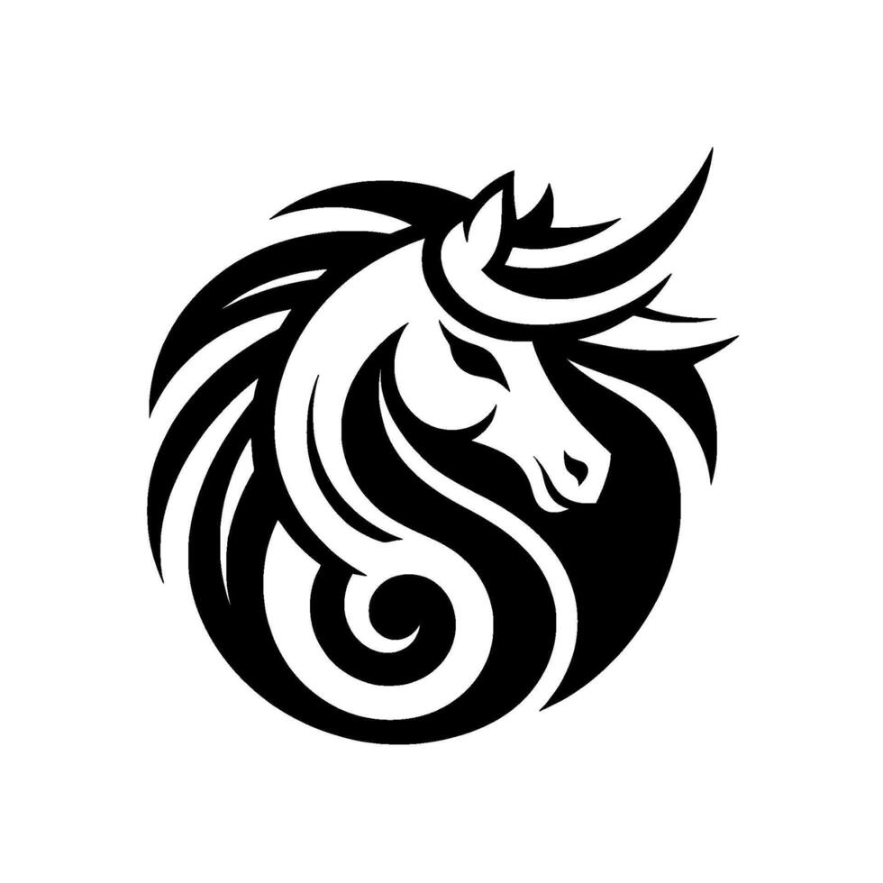 Monochromatic, Circular Horse Head , Featuring Stylized Mane and Elegant Curve Elements Against White Background. vector