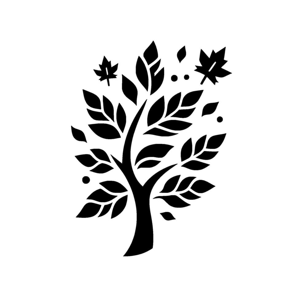 A minimalist black and white depiction of a stylized tree with leaves, maple leaves, and abstract floating elements, creating an elegant on a white background. vector