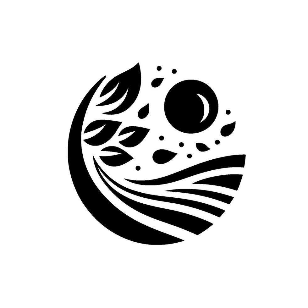 Abstract Minimalist A Black White Circular of Leaves, Field, and Sun in a Harmonious Composition. vector