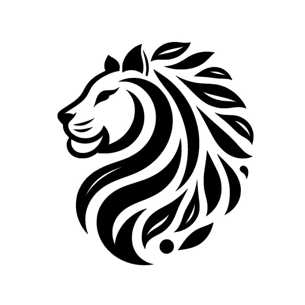 Stylized Lion Head in Black and White, Featuring Elegant LeafLike Mane . vector