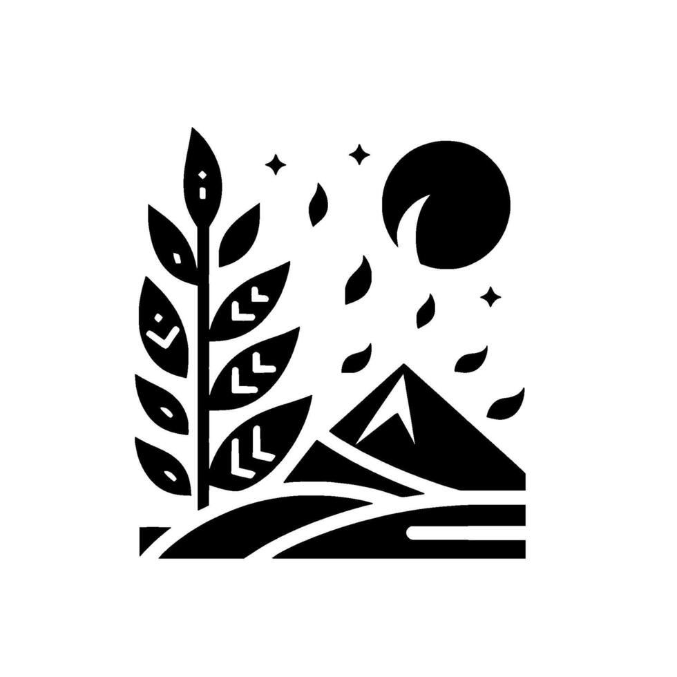 Stylized monochrome landscape illustration featuring a tall plant with leaves, mountainous terrain, moon, stars, and falling foliage, evoking a tranquil, minimalist aesthetic. vector