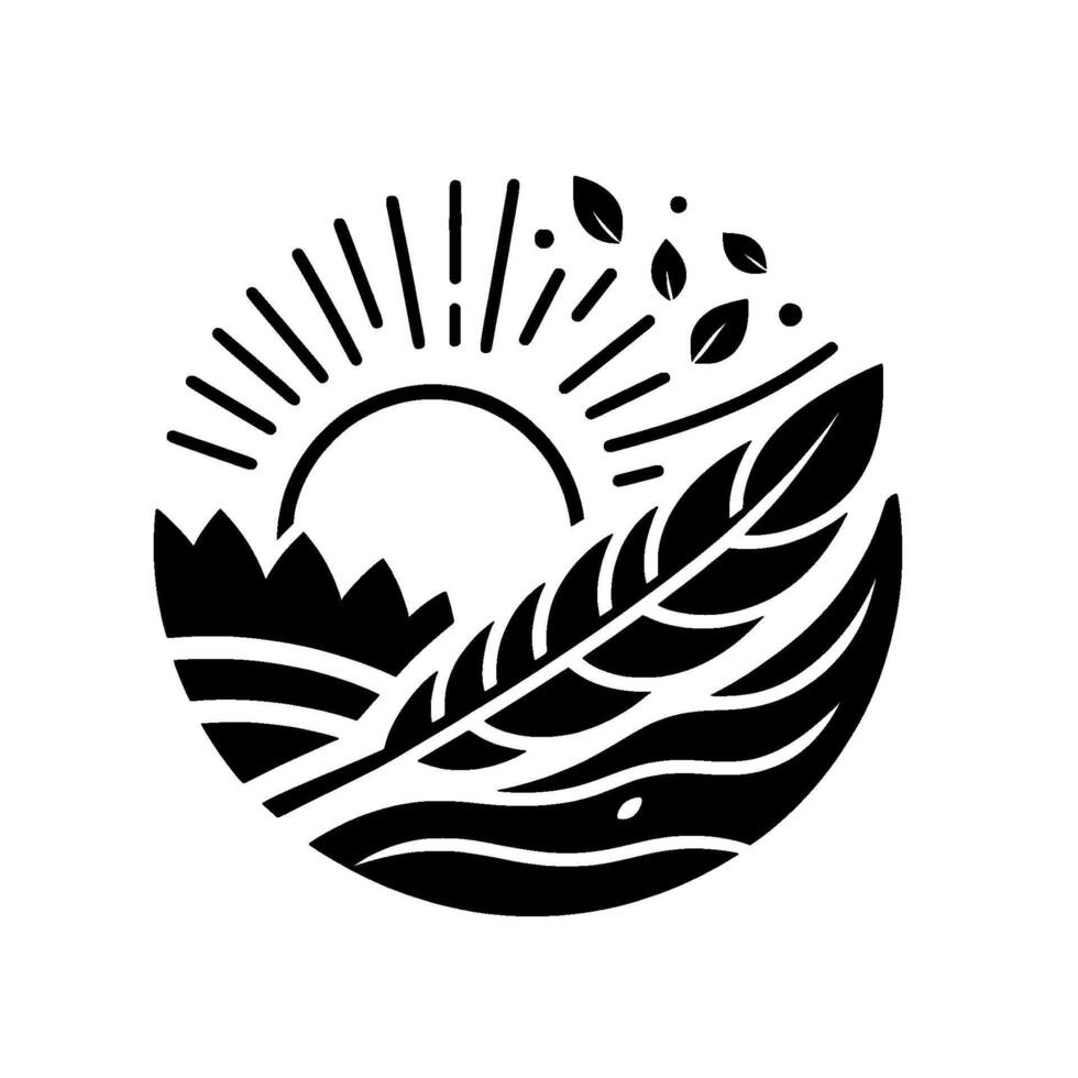 Abstract Monochrome Circular with Sun, Feather, Landscape Elements, and Leaves, Evoking Nature and Harmony. vector