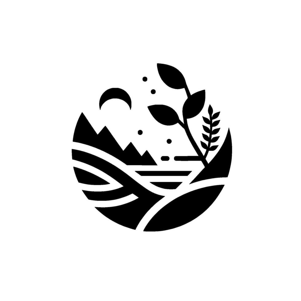Abstract Black and White Circular Mountains, Lake, Plants, Moon Stars, Nature, Minimalist. vector
