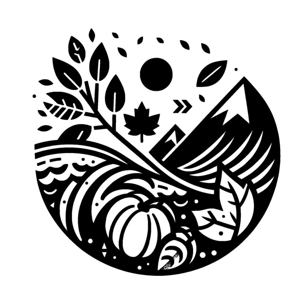 Black and white circular illustration of an autumn landscape featuring a pumpkin, leaves, mountain range, and sun. vector