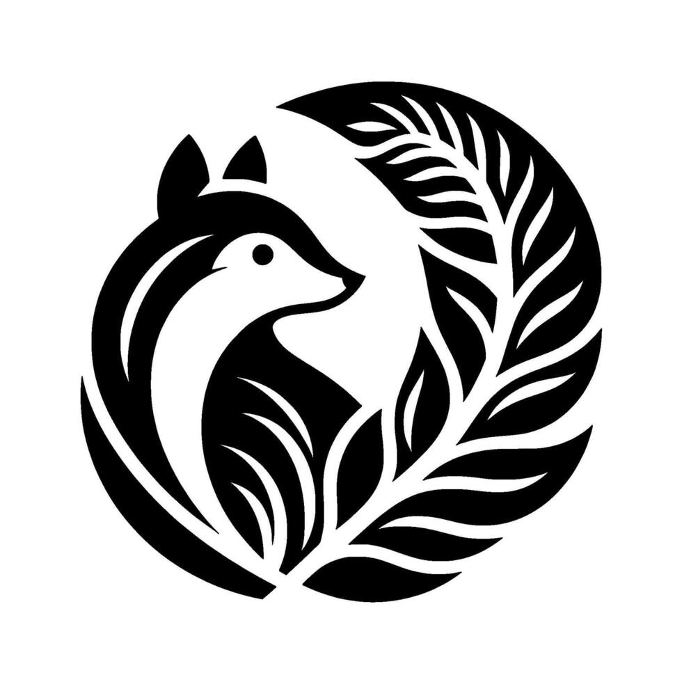 Stylized Black and White Fox Silhouette Encircled by a Leafy Branch, Showcasing Geometric Harmony, and Nature. vector