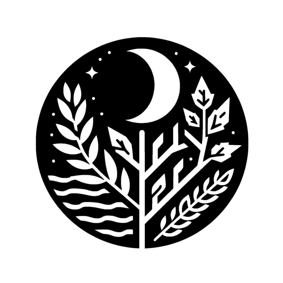 Minimalist Black White Circle Featuring a Crescent Moon, Stars, Stylized Trees Leaves, and Water, Evoking Natures Harmony. vector