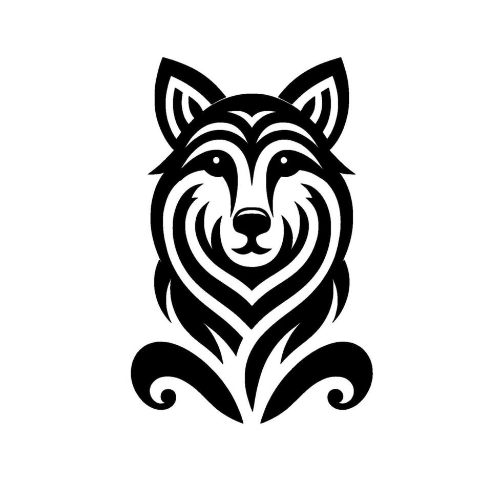 Bold Black and White Wolf Crest with TribalInspired Symmetry and Ornamental Base, Set Against a Clean White Background. vector