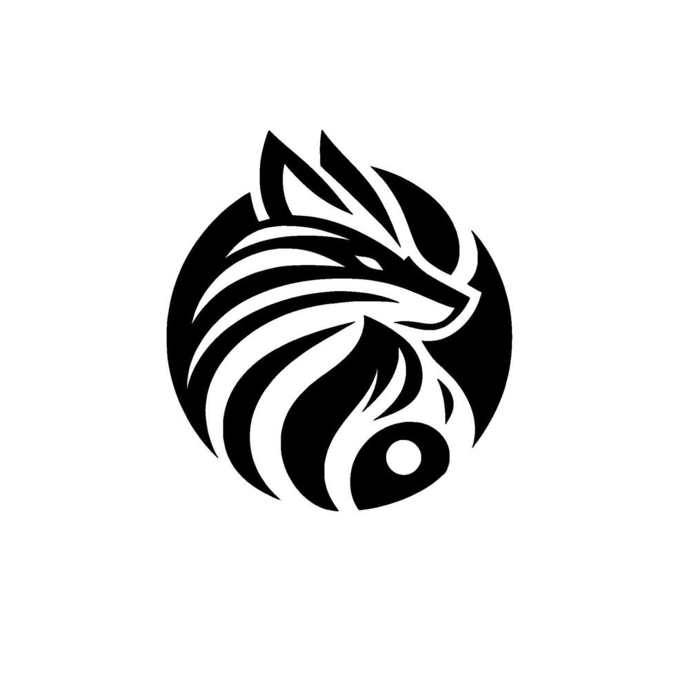 A minimalist black and white fox , featuring stylized, flowing lines within a circular frame and white negative space. vector