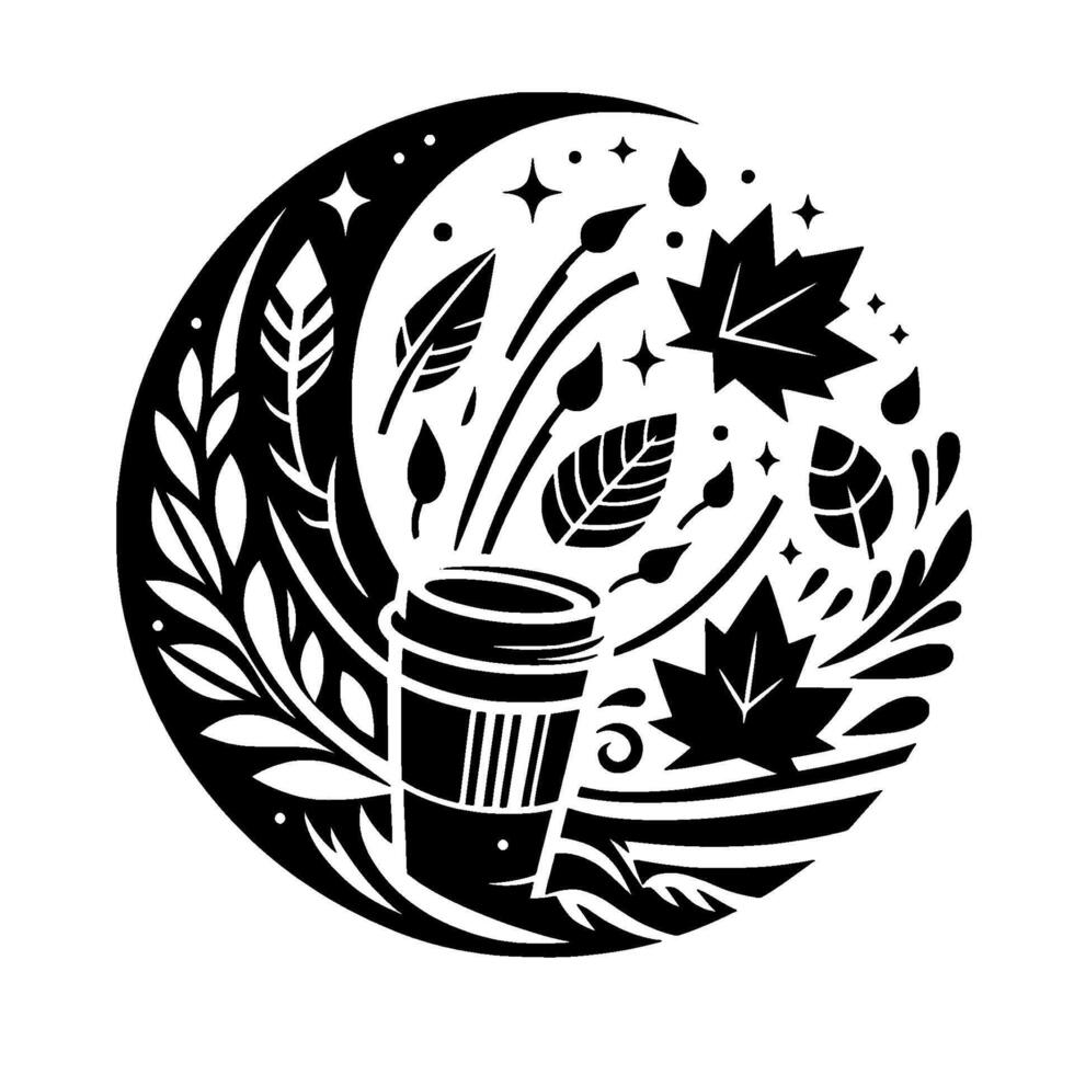 Monochromatic Coffee Cup, surrounded by leaves, stylized leaves, and starbursts, in a circular composition. vector