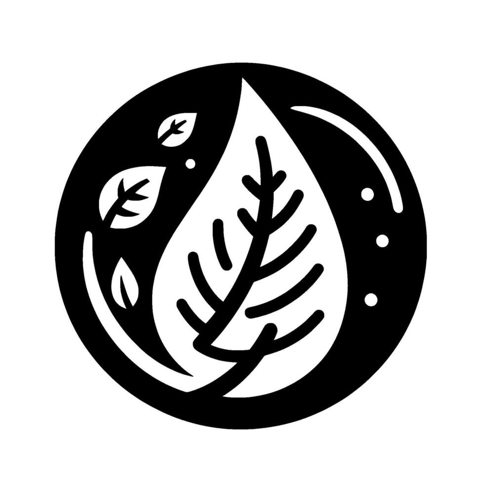 A minimalist black and white , featuring a large leaf within a circular frame, and smaller leaves scattered around it, suggesting nature, growth, and harmony. vector