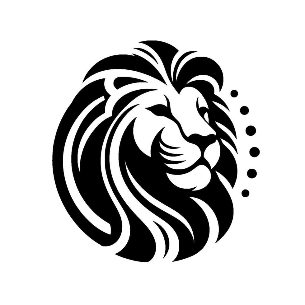 A minimalist black and white illustration featuring a regal lions head in profile, encircled and stylized, with a dot pattern. vector
