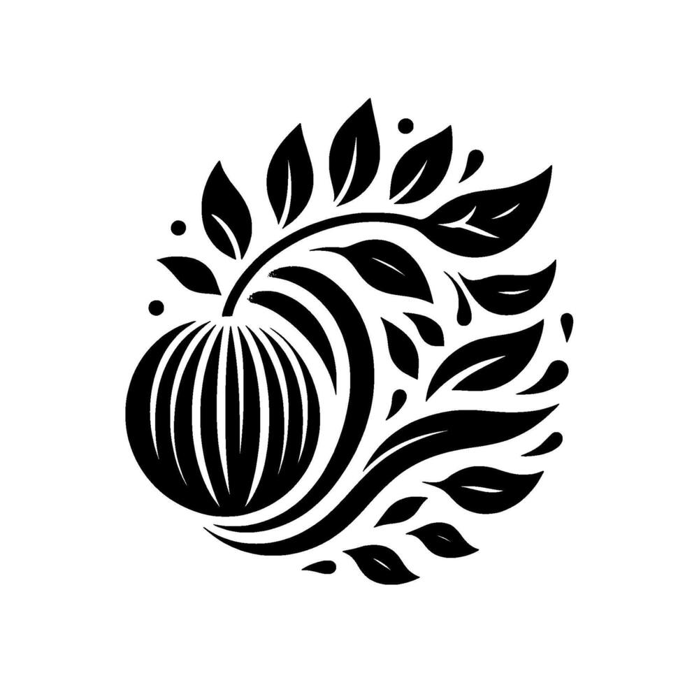 Striking black and white illustration featuring a stylized fruit with segmented body, leafy branches and flowing elements against a clean white backdrop. vector
