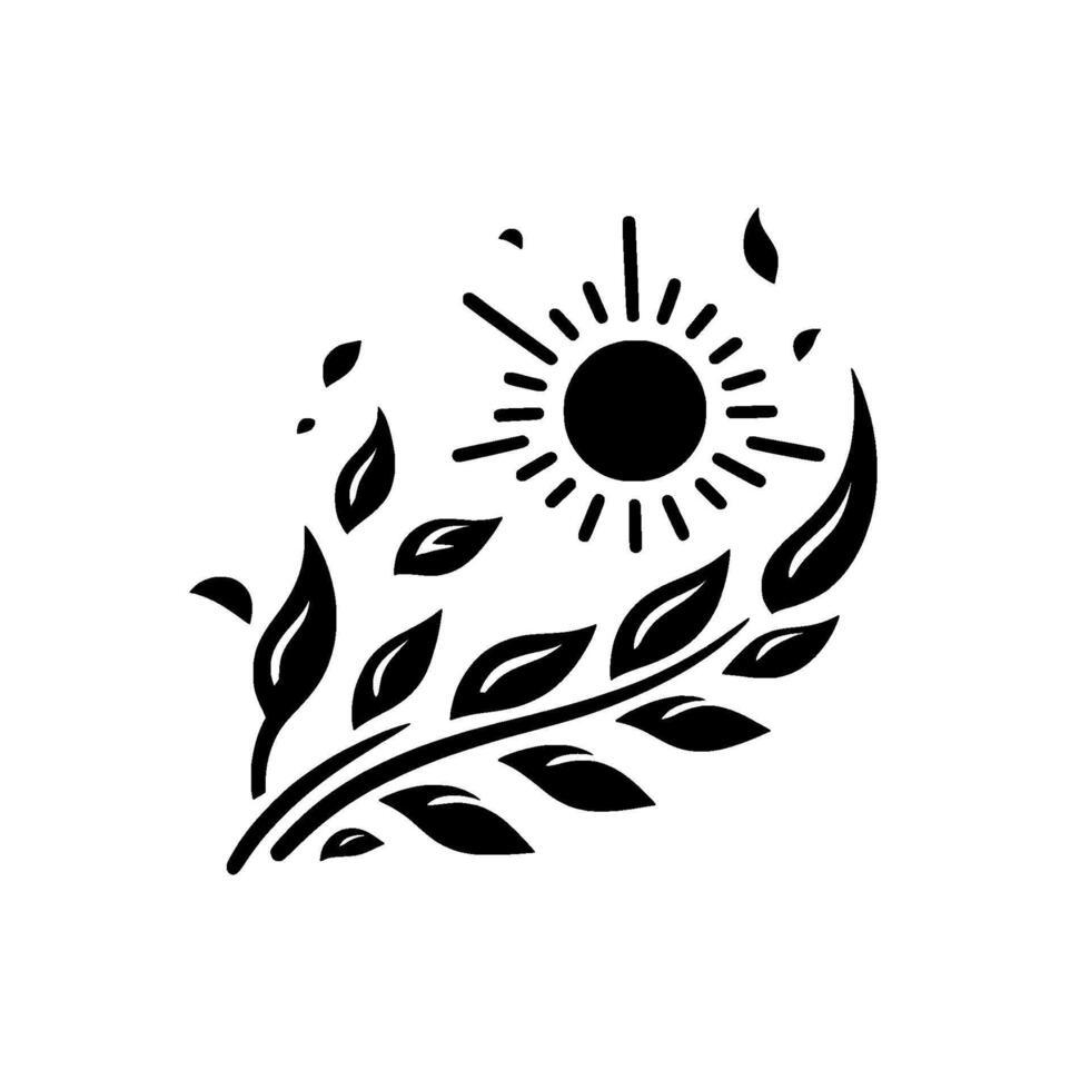Stylized Black White Illustration Sun radiating above leafy sprig, minimalistic on a clean white backdrop. vector